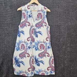 Tommy Bahama Linen Blend Cotton Lined Sleeveless V Neck Pullover Mini Dress L